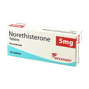 Kasse indeholdende 30 tabletter Norethisteron 5 mg til oral brug