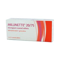 Pack of Millinette® 20/75 microgram ethinylestradiol/gestodene 63 coated tablets