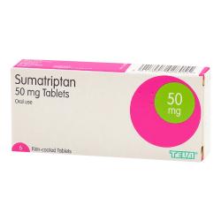 Box of Sumatriptan 50mg film-coated 6 tablets for oral use