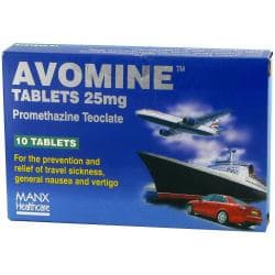 Pack of 10 Avomine 25mg promethazine teoclate tablets