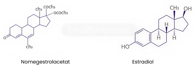 Strukturformel von Nomegestrolacetat und Estradiol