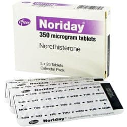 Minipille Noriday mit Norethisteron 3x28 Tabletten Verpackung mit der Rückseite der Blisterpackungen
