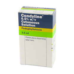 Condyline mit Podophyllotoxin Verpackung und 3,5ml Lösung und Wattestäbchen