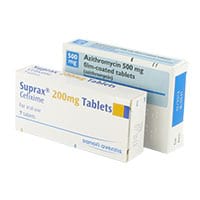 Suprax 200mg Tabletten und Azithromycin 500mg Filmtabletten Verpackungen