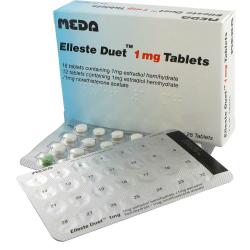 Packung von Elleste Duet 1mg Tabletten mit zwei Blisterpackungen