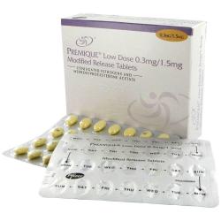 Packung von Premique niedrige Dosis 0,3mg/ 1,5mg und Blisterpackungen 