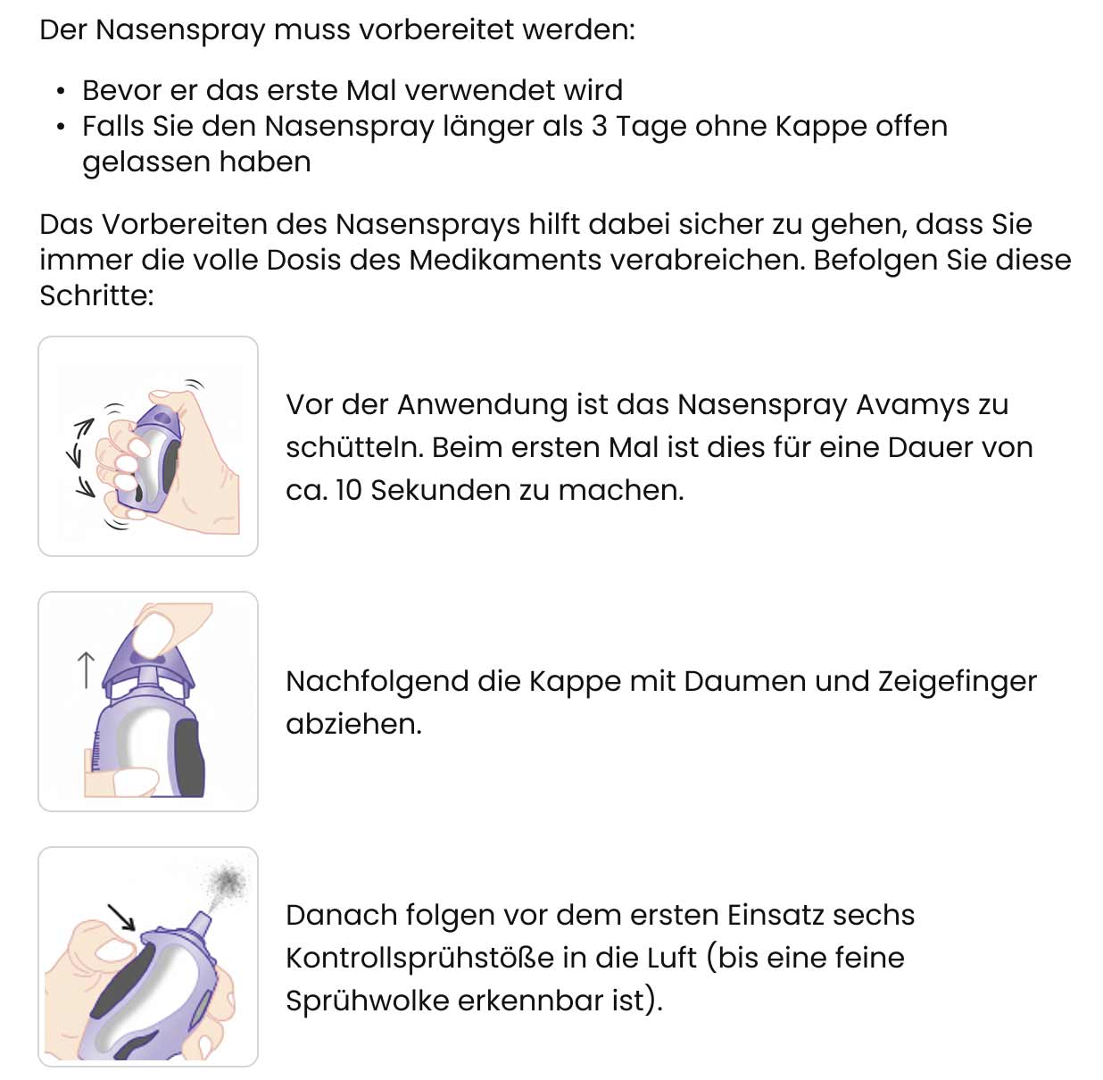 Prüfung des Nasensprays vor dem Gebrauch