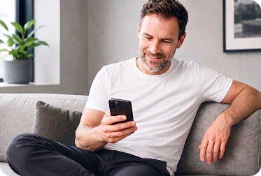 Mann sitzt lächelnd auf dem Sofa und bestellt über sein Smartphone