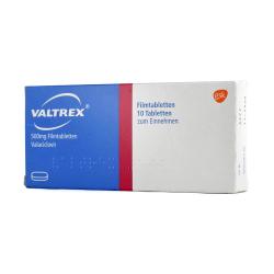 Packung von Valtrex 10 Filmtabletten 500mg Vaciclovir