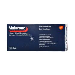 Malarone mit Atovaquon und Proguanil-Hydrochlorid 12 mal 250/100mg Filmtabletten Verpackung