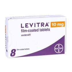 Pakke med 8 filmovertrukne Levitra tabletter 10 mg verdanafil fra Bayer