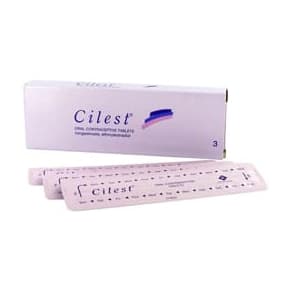 Pakke Cilest p-piller, indlægsseddel og blisterpakke af 21 tabletter