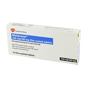 Malarone pakke med 12 filmovertrukne tabletter af 250 mg actovaquon og 100 mg Proguanilhydrochlorid fra GSK