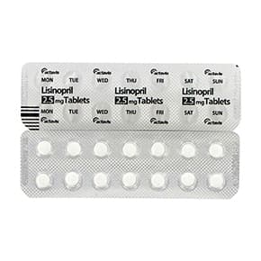 Forside og bagside af blisterpakke af 2.5 mg Lisinopril tabletter