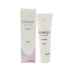 Vaniqa pakke med 30g Eflornithin Creme, styrke 11.5% fra Almirall samt tube fra Almirall