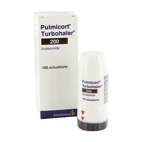 Pakke med Pulmicort® Turbohaler® Budesonide 200 mikrogram med en inhalator