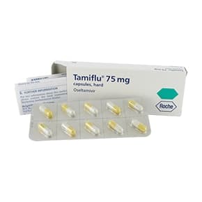 Pakke der indeholder 10 hårde kapsler af Tamiflu® 75 mg oseltamivir med blisterstik