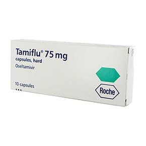Pakke der indeholder 10 hårde kapsler af Tamiflu® 75 mg oseltamivir til mundtlig brug