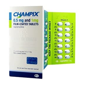 Pakke med Champix 0,5 mg og 1 mg varenicline filmovertrukne tabletter med blisterpakker