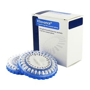 Kliovance® 1 mg/0,5 mg tabletpakke leveres i en kasse med en kalenderskive
