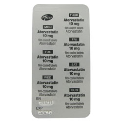 Vue arrière d'un blister de comprimés d'Atorvastatine 10 mg