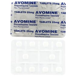 Vue avant et arrière des plaquettes de comprimés Avomine 25 mg