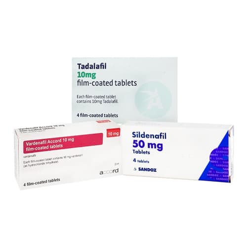 Förpackning Vardenafil 10mg - Förpackning Tadalafil 10mg 4 tabletter - Förpackning Sildenafil 50mg 4 tabletter 