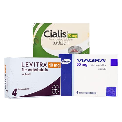 Paket med 4 filmbelagda levitra -tabletter 10 mg verdanafil från Bayer, paket med 4 cialis -film -belagda tabletter med 10 mg tadalafil från lilly och paket med 4 film -täckta viagra tabletter med 50 mg sildenafil från pfizer