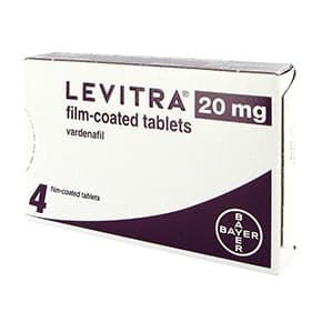 Förpackning 4 st Levitra filmdragerade tabletter 20mg vardenafil