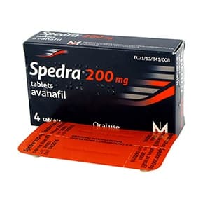 Box med 4 tabletter spedra® 200 mg avanafil med en blisterremsa