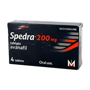 Spedra -paketet med 4 tabletter på 100 mg avanafil för oral användning