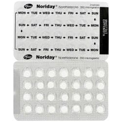 Hem och baksida av Noriday -piller blisterförpackning