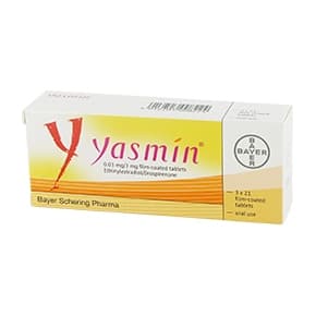 Paket med 63 yasminfilmbelagda tabletter med 0,03 mg etinylestradiol och 3 mg drosperinon från Bayer
