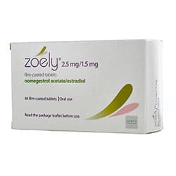 Zoely -paket med filmbelagda tabletter med 2,5 mg nomegestrolacetat och 1,5 mg östradiol för oral användning från Theramex