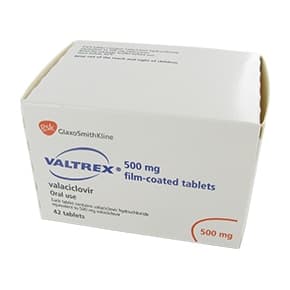 Box innehåller 42 filmbelagda tabletter av Valtrex® 500 mg Valaciclovir