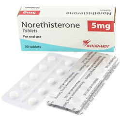 Box som innehåller 30 tabletter noretisteron 5 mg för oral användning med en blisterremsa