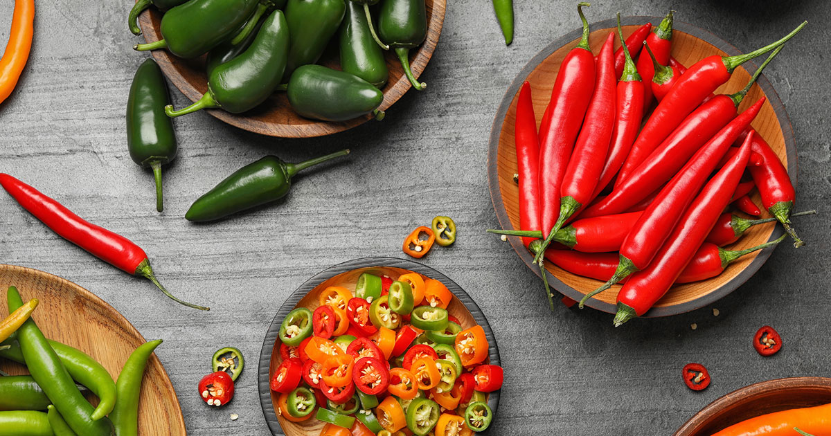 Arrangement of different chilli peppers.