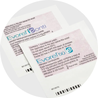 A close-up of two Evorel patches on a white background.