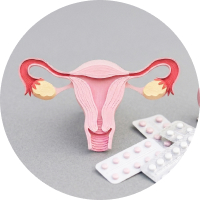 A uterus diagram, two blister packs of tablets and an alarm clock