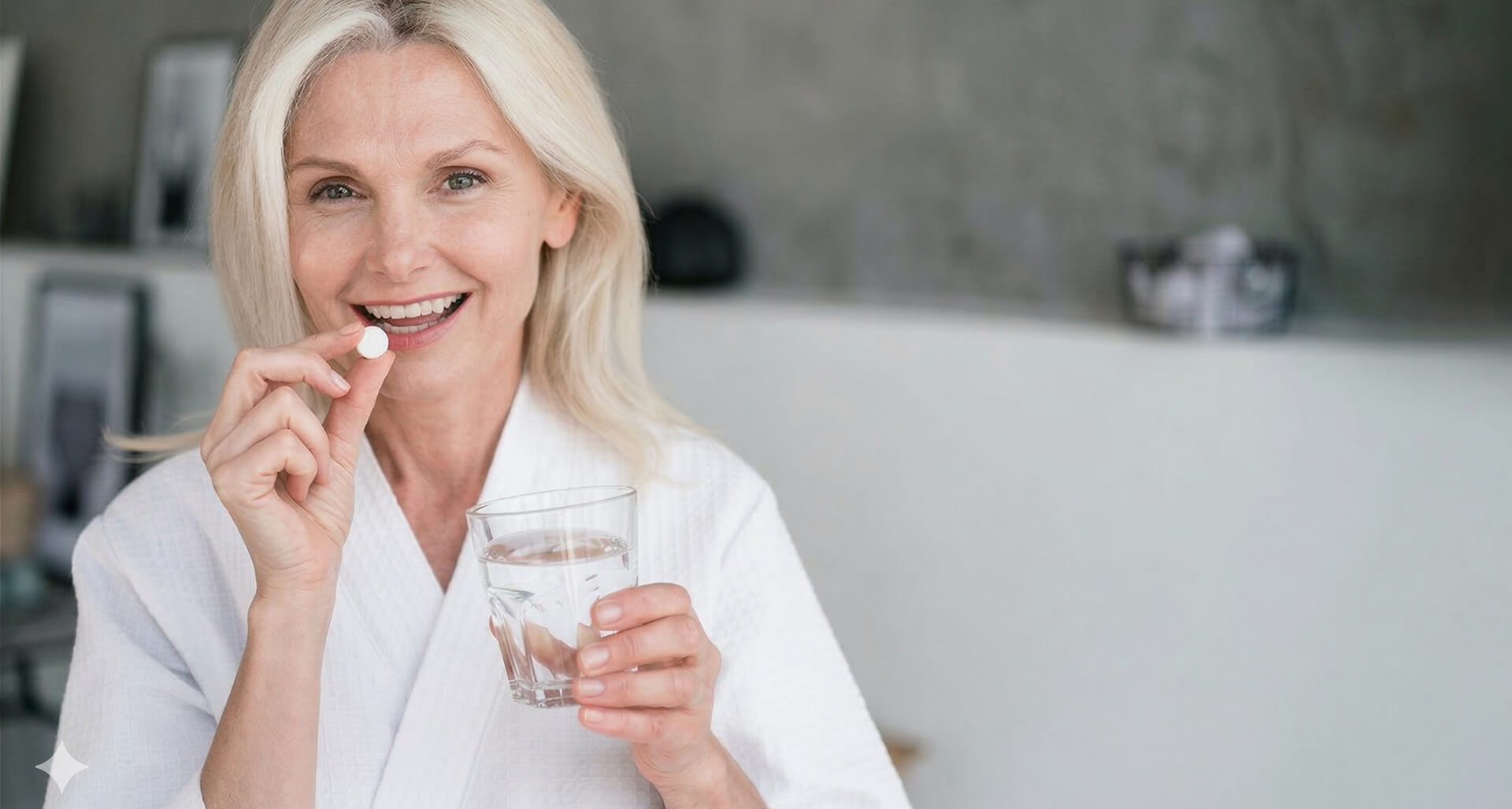 Middle-aged woman taking a pill and holding a glass of water.