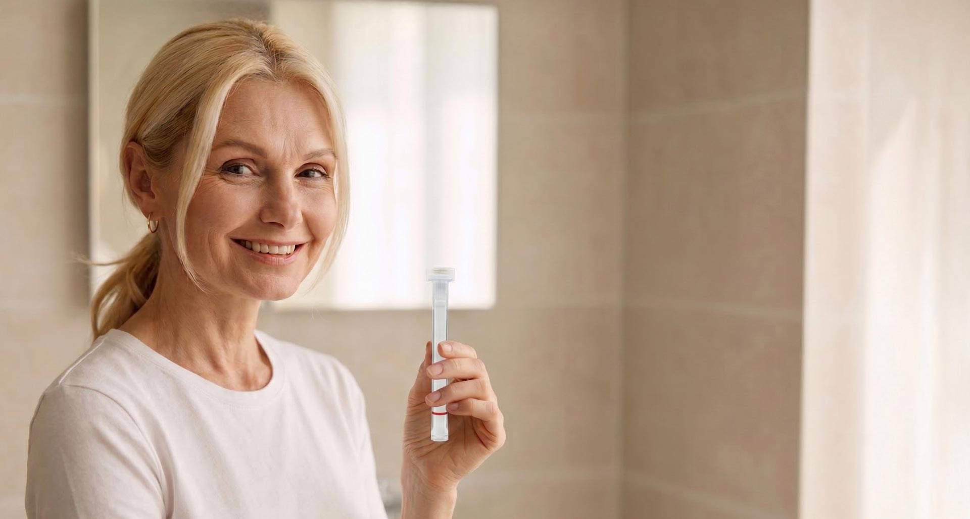 Happy mature woman holding up an applicator in a bathroom.