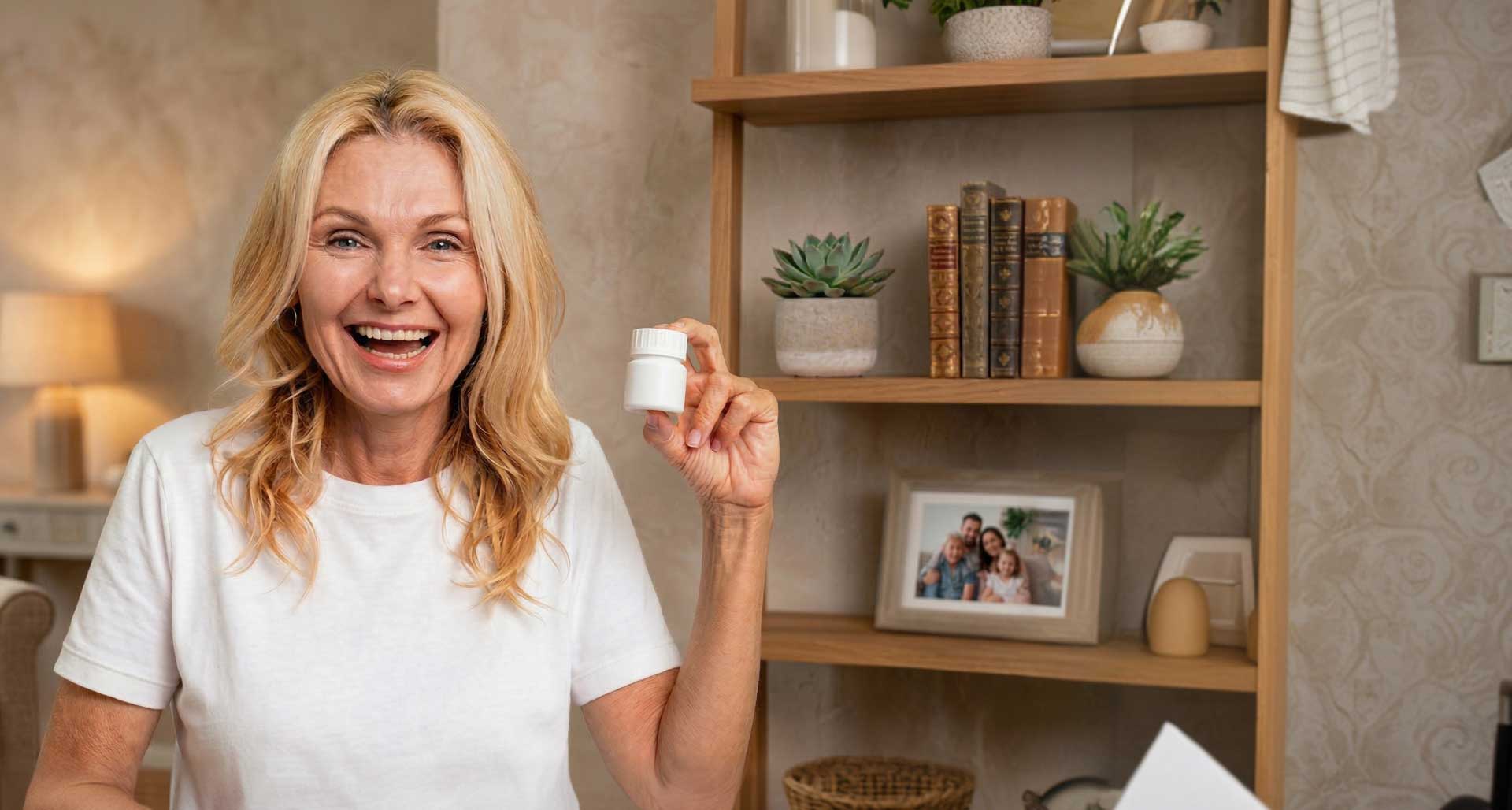 Mature woman on an orange background smiling, holding pills.