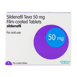 Box contains 8 Sildenafil Teva 50mg film-coated tablets