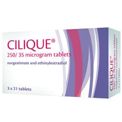 Box of Cilique® contains 250/35mcg norgestimate and ethinylestradiol 63 tablets