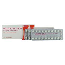 This pack contains 63 Millinette® coated tablets, each with 20 micrograms of ethinylestradiol and 75 micrograms of gestodene with blister stripes