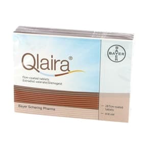 Pack of 28 film-coated Qlaira estradiol valerate/dienogest tablets