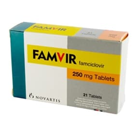 Box of Famvir 250mg famciclovir film-coated tablets