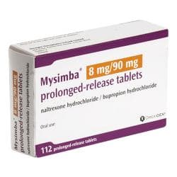 Box of Mysimba 8mg/90mg naltrexone/bupropion hydrochloride 112 prolonged-release tablets