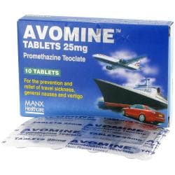 Front and rear view of Avomine 25mg tablet blister packs