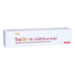 Pack of Treclin acne 30g gel contains clindamycin and tretinoin
